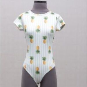 Blue Steel Pineapple Striped Low Back Snap Bottom Body Suit Leotard sz L EUC